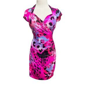 Caché Purple Leopard Print Dress 90’s Bodycon Size 4